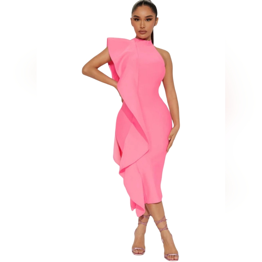 Nwt Fashion Nova Hot Pink Elegant One-Shoulder Ruffled Bandage Halter Midi Dress